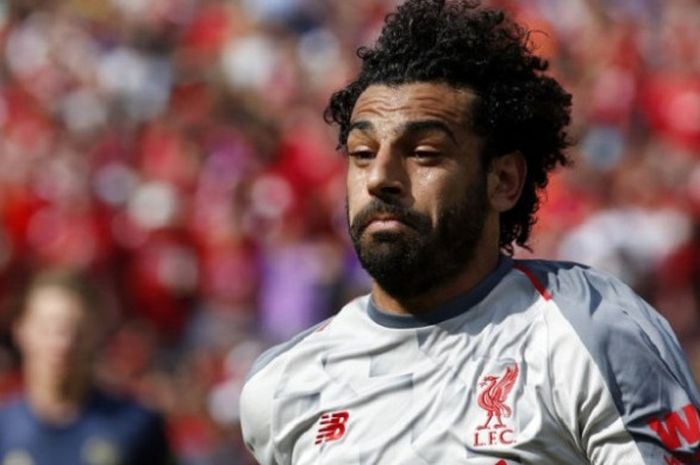 Penyerang Liverpool, Mohamed Salah, tampil pada laga ICC 2018 melawan Manchester United di Stadion Michigan, 28 Juli 2018. 