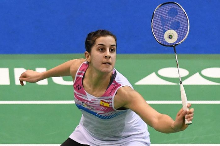 Pebulu tangkis tunggal putri Spanyol, Carolina Marin, berbicara beraksi pada India Open 2018 di Siri Fort Indoor Stadium, Kamis (1/2/2018).