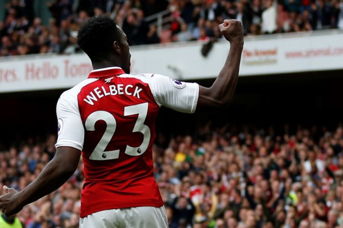 Danny Welbeck merayakan gol Arsenal gawang AFC Bourneomuth pada partai Liga Inggris di Stadion Emirates, Sabtu (9/9/2017).