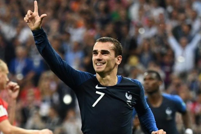 Antoine Griezmann merayakan golnya untuk Prancis ke gawang Kroasia dalam laga final Piala Dunia 2018 di Stadion Luzhniki, Moskow, 15 Juli 2018.