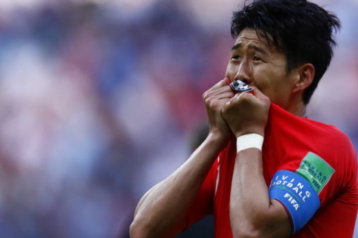 Pemain Korea, Son Heung-min, dalam laga kotnra Jerman pada penysihan grup Piala Dunia 2018 di Kazan Arena, Rabu (27/6/2018)