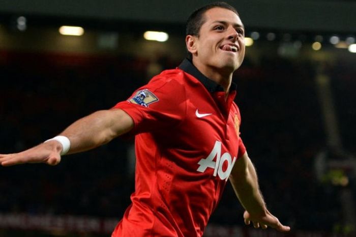 Aksi perayaan gol Javier Hernandez dalam pertandingan Piala Liga Inggris antara Manchester United lawan Norwich City di Old Trafford, 29 Oktober 2013.