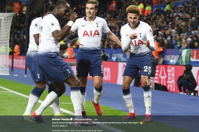 Para pemain Tottenham Hotspur merayakan gol ke gawang Leicester City di King Power Stadium, Minggu (9/12/2018) pada pekan ke-16 Liga Inggris.