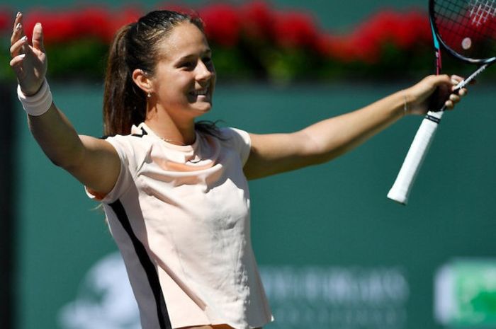 Ekspresi Daria Kasatkina (Rusia) usai sukses mengalahkan Angelique Kerber pada partai perempat final Indian Wells Masters 2018, Kamis (15/3/2018) waktu AS.