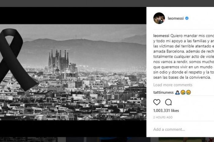 Ucapan belasungkawa yang diunggah Lionel Messi di instagram atas serangan teroris yang terjadi di Barcelona pada Kamis (17/8/2017)