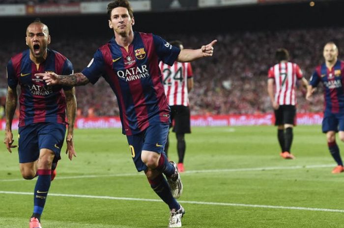 Penyerang FC Barcelona, Lionel Messi, merayakan gol ke gawang Athletic Bilbao pada laga final Copa del Rey 2015 di Camp Nou, Barcelona, 30 Mei 2015.