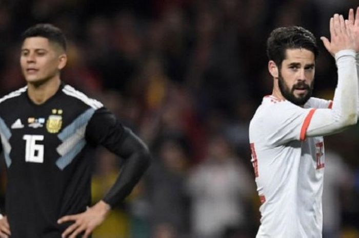 Gelandang Spanyol, Isco, mencetak hat-trick ke gawang Argentina pada laga uji coba internasional di Stadion Wanda Metropolitano, Selas (27/3/2018).