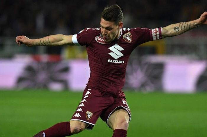 Aksi Andrea Belotti dalam laga Serie A antara FC Torino kontra UC Sampdoria di Stadio Olimpico, 29 April 2017. 