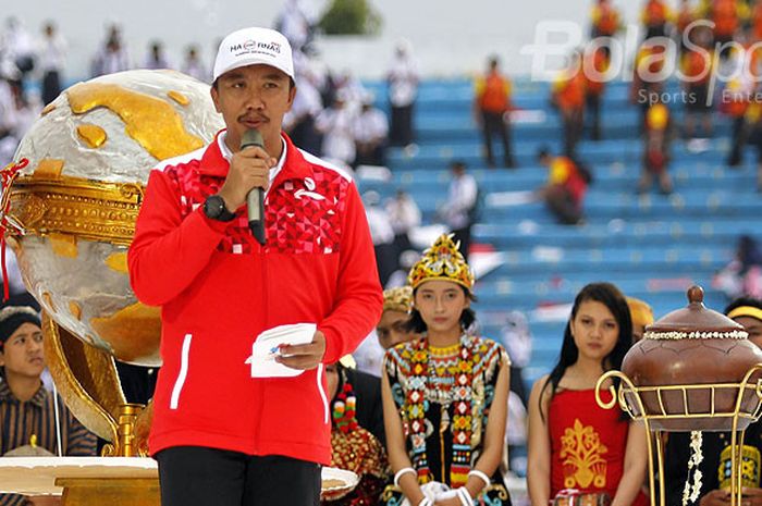 Menpora Imam Nahrawi memberikan sambutan pada perayaan puncak Hari Olahraga Nasional (Haornas) 2017 di Stadion Moch Soebroto, Magelang, Jawa Tengah, Sabtu (9/9/2017).