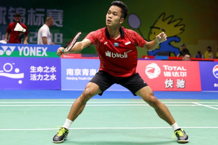 Pebulu tangkis tunggal putra indonesia, Anthony Sinisuka Ginting, tampil dalam laga Kejuaraan Dunia 2018 di Nanjing, China, Selasa (31/7/2018).