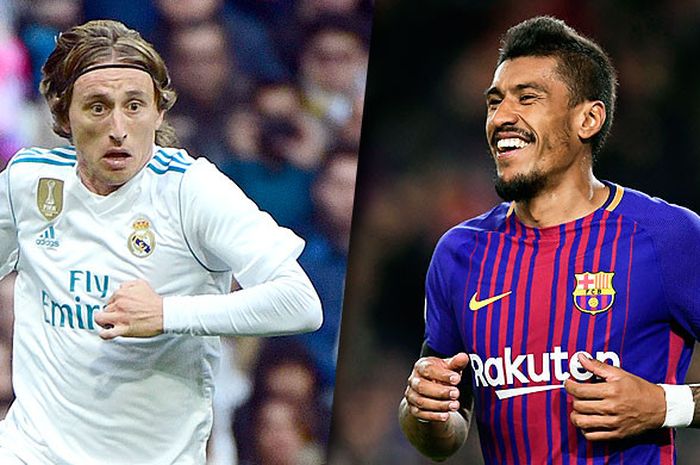 Gelandang Real Madrid, Luka Modric (kiri), adu produktifitas dengan Paulinho (Barcelona).