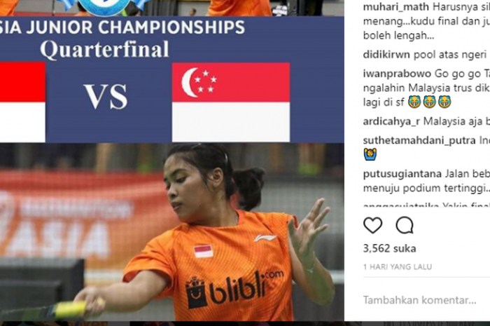 Dukungan netizen jelang laga Indonesia melawan Singapura di perempat final Asia Junior Championships 2017 yang akan digelar Senin, (24/7/2017). 