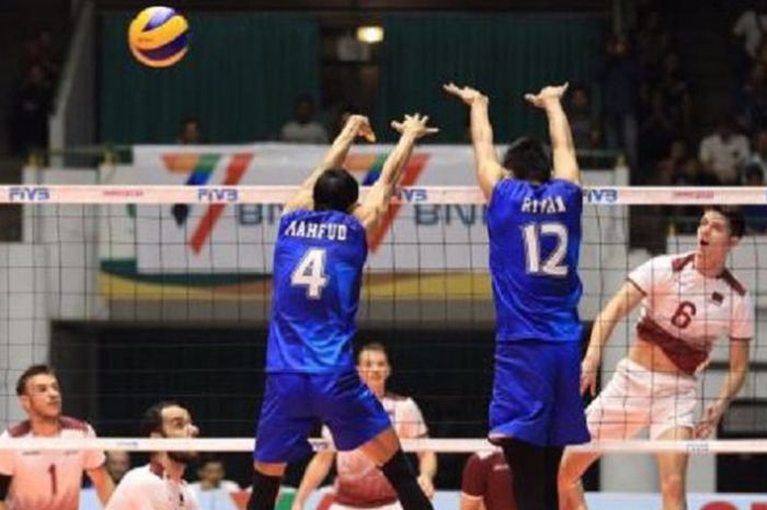 Tim Bola Voli Indonesia saat melawan Qatar di 19th Asian Senior Men's Volleyball Championship