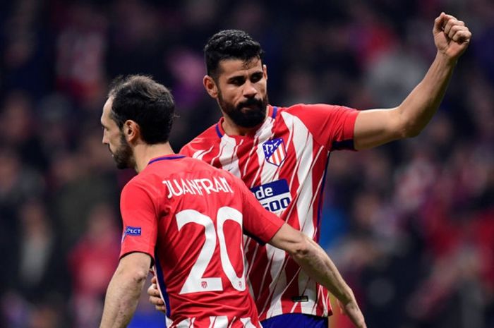 Penyerang Atletico Madrid, Diego Costa, melakukan selebrasi setelah mencetak gol ke gawang Lokomotiv Moskva pada laga leg pertama babak 16 besar Liga Europa di Stadion Wanda Metropolitano, Kamis (8/3/2018) waktu setempat. 