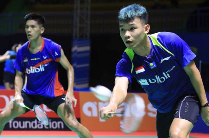 Pasangan ganda putra Pelatnas PBSI, inov Rivaldy/Yeremia Erich Yoche Yacob, saat tampil di turnamen Bangka Belitung Indonesia Masters 2018. 