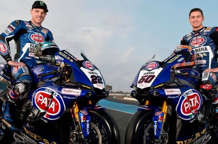 Pata Yamaha Official WorldSBK meresmikan dua pebalapnya, Alex Lowes (kiri) dan Michael van der Mark, untuk balapan World Superbike 2017, di Gerno di Lesmo, Italia, Selasa (7/2/2017) waktu setempat.