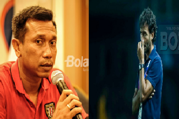 Pelatih Bali United, Widodo Cahyono Putro (kiri) dan pelatih timnas U-23 Indonesia, Luis Milla (kanan).