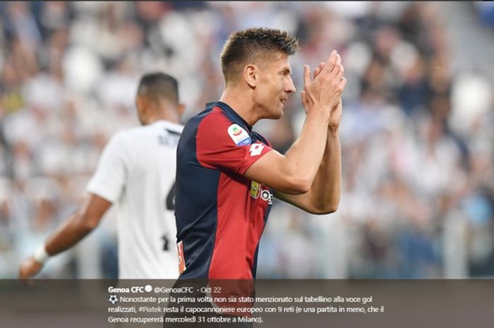 Striker Genoa, Krzysztof Piatek, dalam laga giornata 9 Liga Italia kontra Juventus, Sabtu (20/10/2018) di Stadion Allianz Turin.