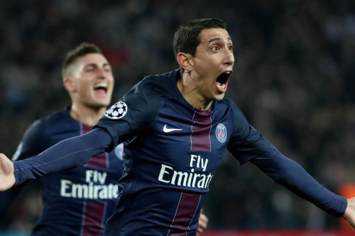 Angel Di Maria merayakan Gol bersama rekan setimnya Marco Verrati