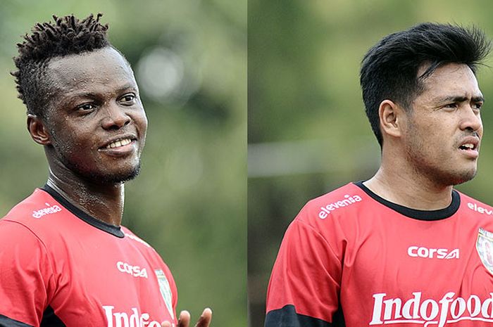 Dua bek Bali United, Mahamadou N'Diaye (kiri) dan Novan Setya Sasongko, saat mengikuti latihan tim di Lapangan Trisakti Legian, Jumat (20/7/2018).