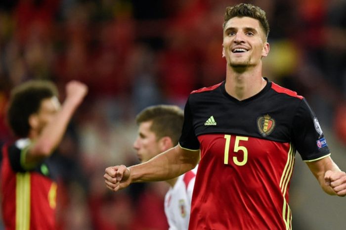 Reaksi Thomas Meunier setelah mencetak gol untuk timnas Belgia ke gawang Gibraltar dalam partai Kualifikasi Piala Dunia 2018 di Sclessin, 31 Agustus 2017.