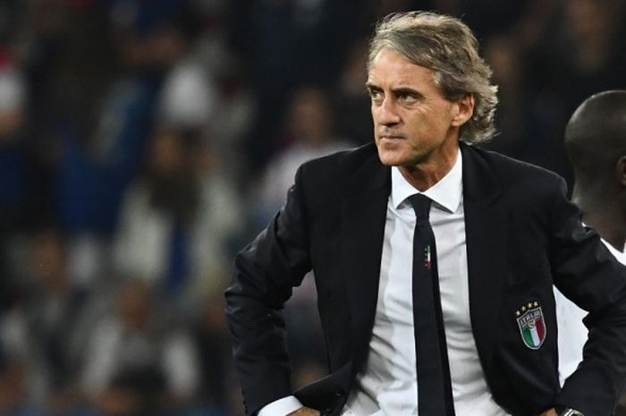 Ekspresi pelatih Italia, Roberto Mancini, setelah timnya dikalahkan Prancis dalam laga persahabatan di Stadion Allianz Riviera, Nice, Prancis pada 1 Juni 2018.