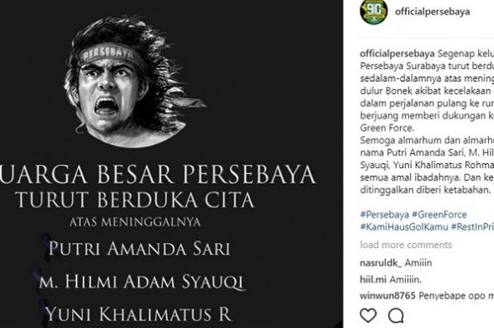 Akun officialpersebaya mengunggah kabar duka tiga suporter meninggal