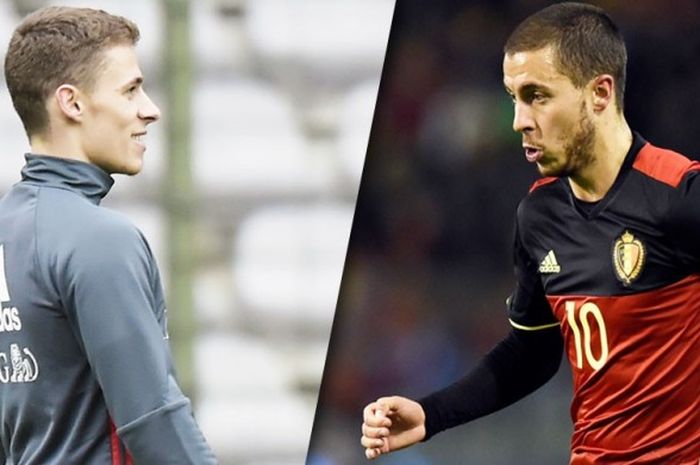 Gelandang tim nasional Belgia, Thorgan Hazard (kiri), dan Eden Hazard.