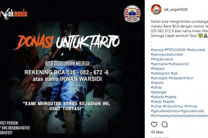 Donasi untuk Tarjo, anggota Jakmania Cirebon yang menjadi korban pengeroyokan oknum geng motor.