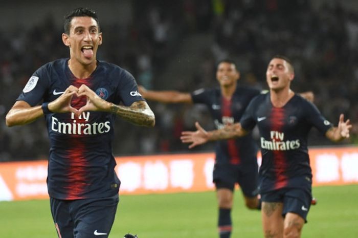 Angel Di Maria merayakan gol PSG ke gawang AS Monaco pada laga Piala Super Prancis 2018 di Shenzhen, 4 Agustus 2018. 