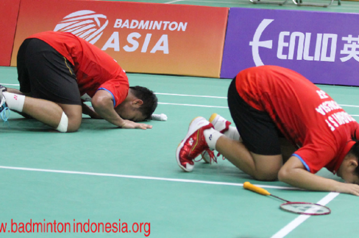 Ekspresi kemenangan Rehan Naufal Kusharjanto/Siti Fadia Silva Ramadhanti saat mengalahkan Chan Wang/Kim Min Ji (KOR) di semifinal Asia Junior Championships 2017, Sabtu (29/7/2017).