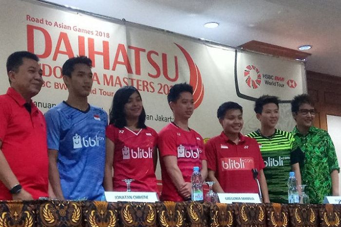 Para pebulu tangkis nasional menjalani sesi konferensi pers di Hotel Sultan, Jakarta, Senin (22/1/2018).