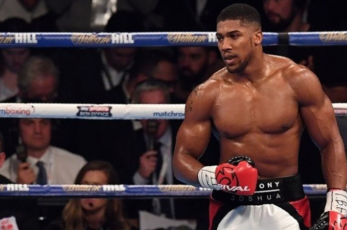 Petinju asal Inggris, Anthony Joshua, merayakan keberhasilan saat mengalahkan petinju Amerika Serikat, Eric Molina, di Manchester, Inggris, 10 Desember 2016.