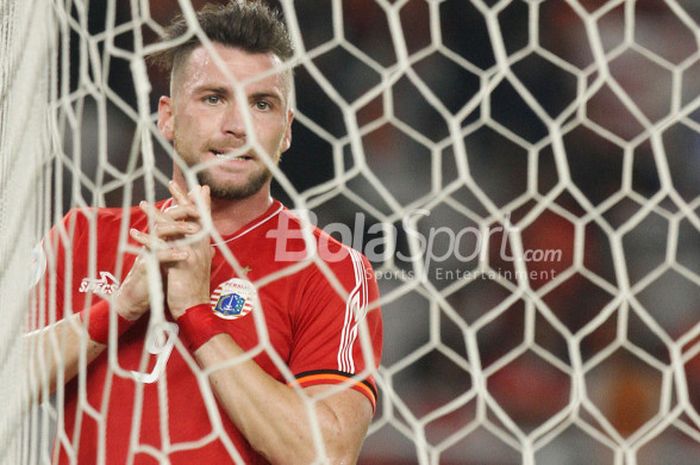 Ekspresi penyerang Persija Jakarta, Marko Simic, dalam pertandingan Piala AFC 2018 melawan Tampines Rovers, Rabu (28/2/2018).