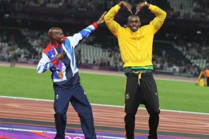 Mo Farah (kiri) dan Usain Bolt (kanan) pada Olimpiade London 2012