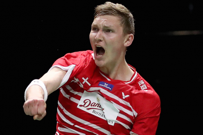   Ekspresi Viktor Axelsen (Denmark) usai menang 21-14, 14-21, 22-20 atas Son Wan-ho (Korea Selatan) 