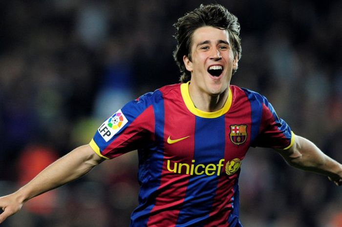 Penyerang FC Barcelona, Bojan Krkic, merayakan gol yang dicetak ke gawang Getafe dalam laga Liga Spa