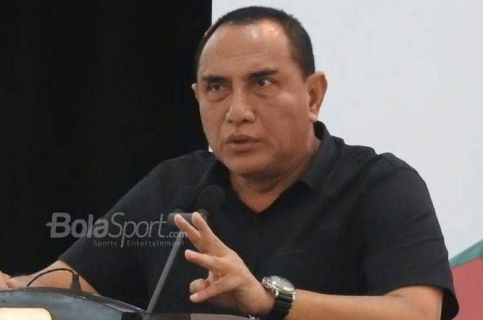    Ketua Umum PSSI, Edy Rahmayadi pada acara kerja sama PSSI-BRI, Rabu (1/8/2018).   