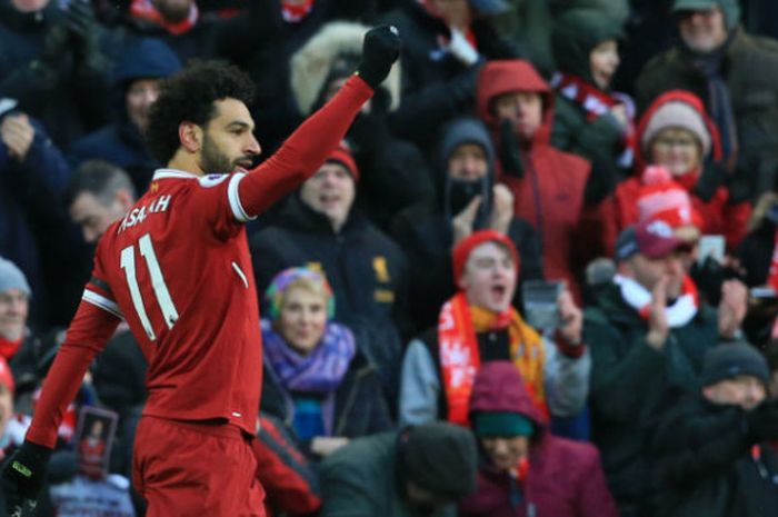  Mohamed Salah seusai mencetak gol dalam laga Liverpool Vs Watford pada lanjutan laga Liga Inggris pekan ke-31 di Stadion Anfield, pada Sabtu (17/3/2018) atau Minggu dini hari WIB 