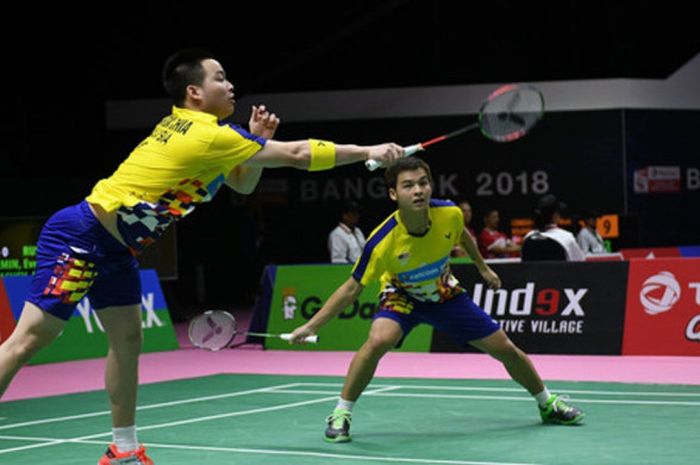 Pasangan ganda putra Malaysia, Aaron Chia (kanan)/Teo Ee Yi, saat menjalani pertandingan pada Piala Thomas 2018 yang berlangsung di Impact Arena, Bangkok, Thailand, 20-27 Mei.