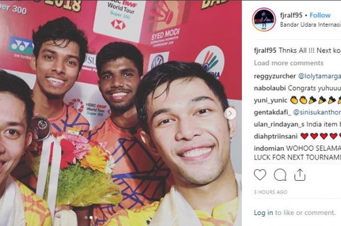 Unggahan foto dari Fajar Alfian setelah memenangi gelar Syed Modi International 2018.