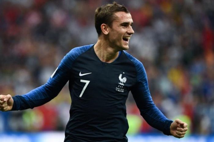 Selebrasi penyerang Antoine Griezmann saat merayakan gol Prancis ke gawang Kroasia dalam laga final Piala Dunia 2018 di Stadion Luzhniki, Moskow, 15 Juli 2018.