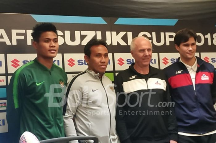 Dari kiri ke kanan; pemain timnas Indonesia, Fachruddin Aryanto, pelatih timnas Indonesia, Bima Sakti, pelatih timnas Filipina, Sven-Goran Eriksson, pemain timnas Filipina, hilip Younghusband dalam jumpa pers di ruang media Stadion Utama Gelora Bung Karno (SUGBK), Sabtu (24/11/2018)