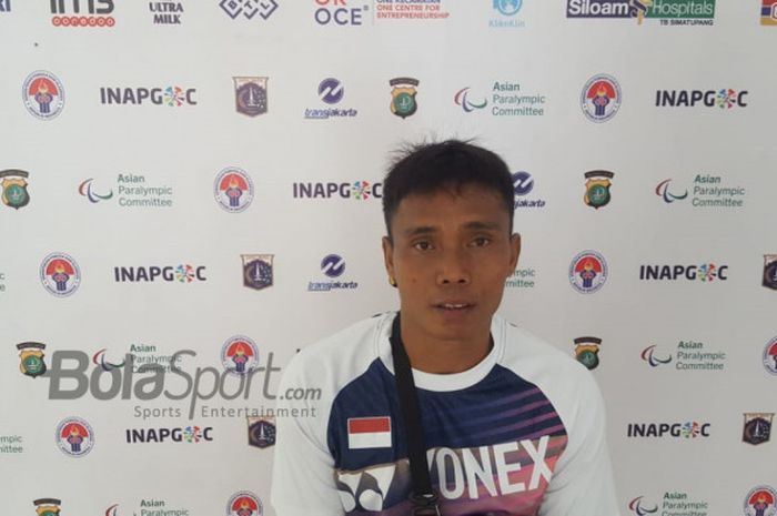 Pebulu tangkis tunggal putra asal Jawa Barat, Agung Widodo usai mengalahkan pebulu tangkis asal Banten, Subhan di hari kedua Test Event, Asian Para Games 2018 pada Kamis, (28/6/2018) di Istora Senayan, Jakarta.