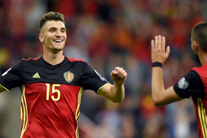 Thomas Meunier merayakan gol Belgia ke gawang Gibratlar pada partai Kualifikasi Piala Dunia 2018 zona Eropa di Staidon Dufrasne, 31 Agustus 2018.