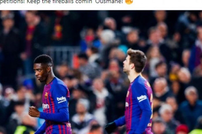 Penyerang FC Barcelona, Ousmane Dembele (kiri), merayakan gol yang dicetak ke gawang Leganes dalam laga Liga Spanyol di Stadion Camp Nou, Barcelona pada 20 Januari 2019.