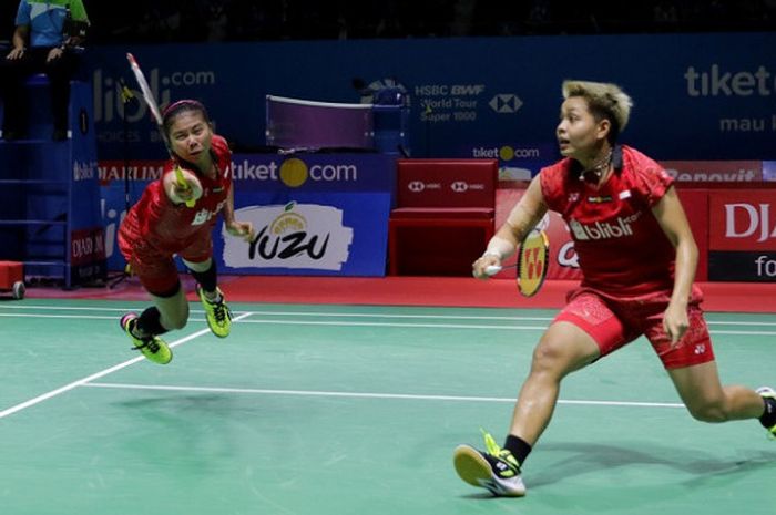 Pasangan ganda putri Indonesia, Greysia Polii/Apriyani Rahayu, pada babak perempat final Indonesia Open 2018 di Istora Senayan, Jakarta, Jumat (6/7/2018).