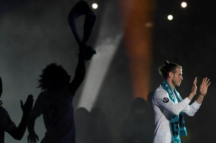 Gareth Bale saat menghadiri seremoni juara Liga Champions Real Madrid di Stadion Santiago Bernabeu, Madrid, 27 Mei 2018. Real Madrid juara setelah menekuk Liverpool FC pada final di Stadion Olimpiyskiy Kiev, 26 Mei 2018.