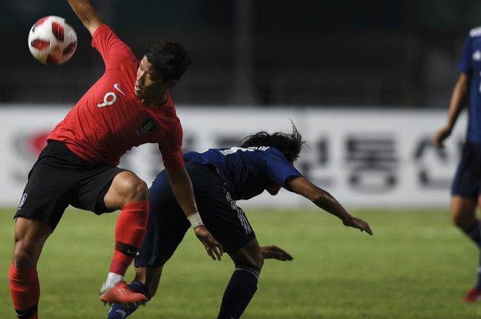 Pertandingan final cabang sepak bola putra Asian Games 2018 antara Korea Selatan dan Jepang di Stadion Pakansari, 1 September 2018. 