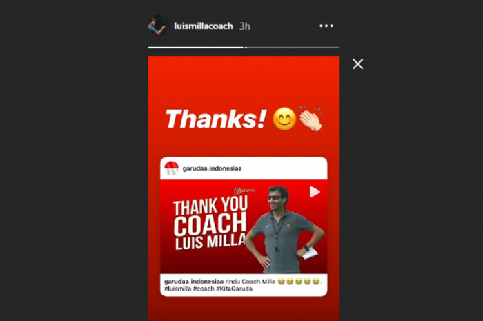 Unggahan Instastory Luis Milla menjawab kerinduan suporter timnas Indonesia.